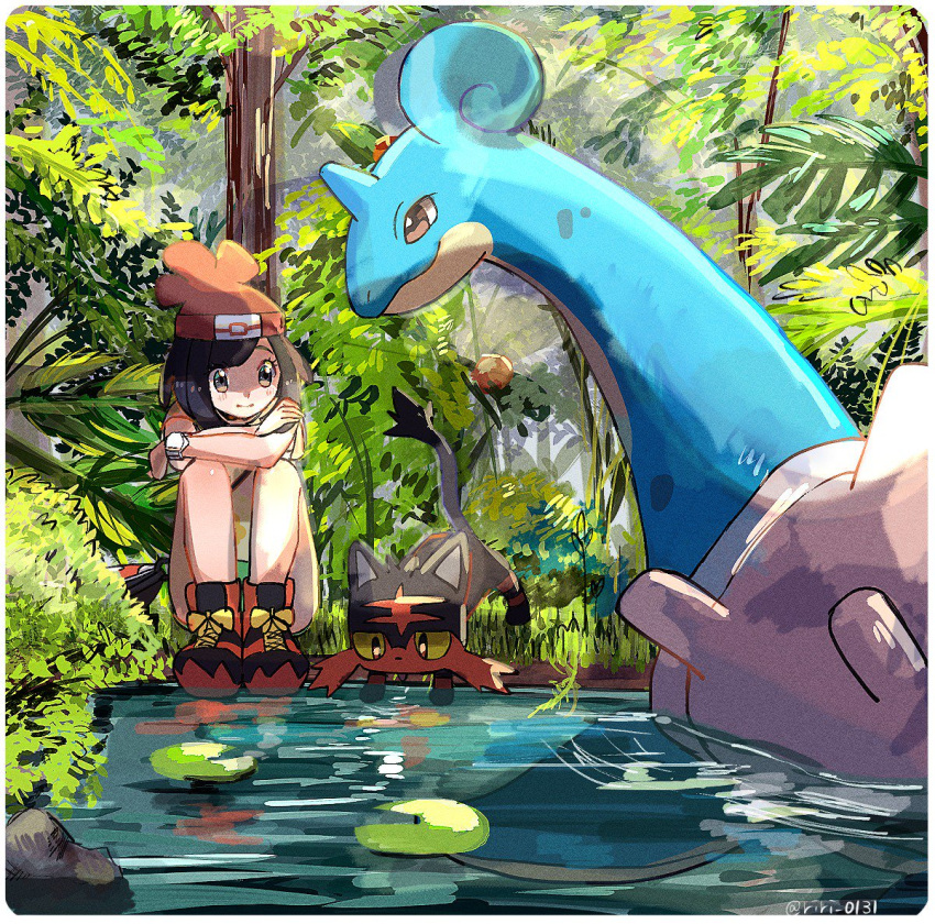 1girl bag beanie black_hair crossed_arms grass handbag hat lapras lily_pad litten mizuki_(pokemon_sm) pokemon pokemon_(creature) pokemon_(game) pokemon_sm red_hat ririmon short_hair sitting tree water z-ring