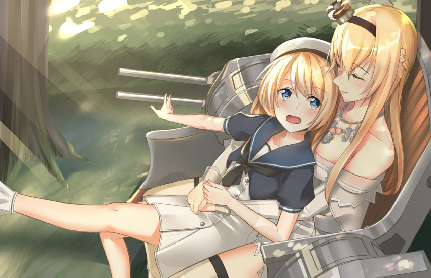 2girls bangs bare_shoulders black_neckwear blonde_hair blue_eyes blue_sailor_collar blush braid breasts cannon closed_eyes closed_mouth collarbone crown dress eyebrows_visible_through_hair french_braid gloves hair_between_eyes hairband hat hug jervis_(kantai_collection) jewelry kantai_collection long_hair long_sleeves looking_at_another machinery mini_crown multiple_girls necklace off-shoulder_dress off_shoulder one_leg_raised open_mouth pallad rigging sailor_collar sailor_dress sailor_hat shade short_sleeves sidelocks sitting sitting_on_lap sitting_on_person smile thigh-highs tree turrets warspite_(kantai_collection) white_dress white_gloves white_hat white_legwear