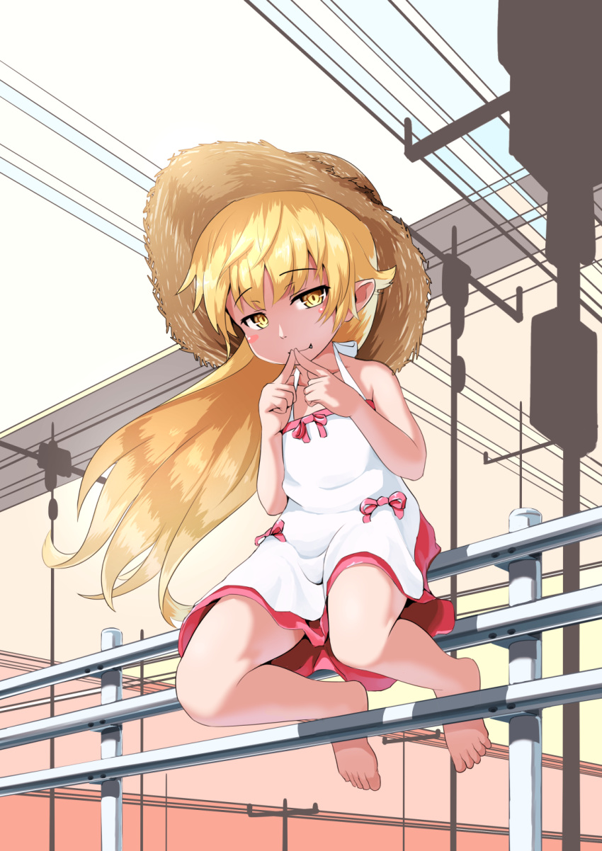 1girl bakemonogatari barefoot blonde_hair blush_stickers commentary dress eyebrows_visible_through_hair fang fang_out fingers_together hat highres kyabe_tsuka long_hair looking_at_viewer monogatari_(series) oshino_shinobu pointy_ears railing sitting smile solo straw_hat sun_hat very_long_hair yellow_eyes