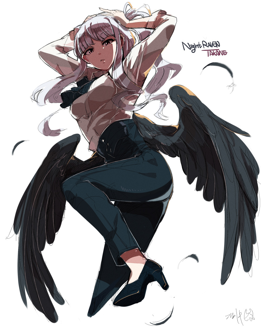 1girl absurdres adjusting_hair bird_wings black_wings character_name commentary_request dress_shirt flying hands_on_head high_heels highres idolmaster long_hair looking_at_viewer looking_down pants shijou_takane shirt signature silver_hair solo tuxedo_de_cat violet_eyes wavy_hair wings