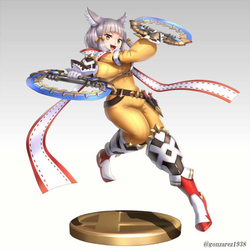 1girl animal_ears bangs blunt_bangs bodysuit cat_ears full_body gloves gonzarez highres hood looking_at_viewer niyah ribbon short_hair silver_hair smile solo super_smash_bros. white_gloves xenoblade xenoblade_2 yellow_bodysuit yellow_eyes