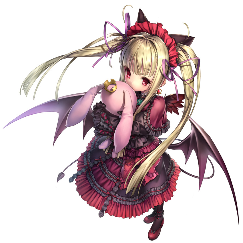 1girl animal_ears anklet bangs bat_wings blonde_hair character_request commentary_request copyright_request crown doll dress earrings eyebrows_visible_through_hair floppy_ears frilled_dress frilled_hairband frills full_body hair_ribbon hairband heart heart_tail highres jewelry long_hair long_sleeves looking_at_viewer nakasaki_hydra object_hug purple_ribbon red_dress red_earrings red_eyes red_footwear red_hairband ribbon solo standing tail teardrop transparent_background twintails wings