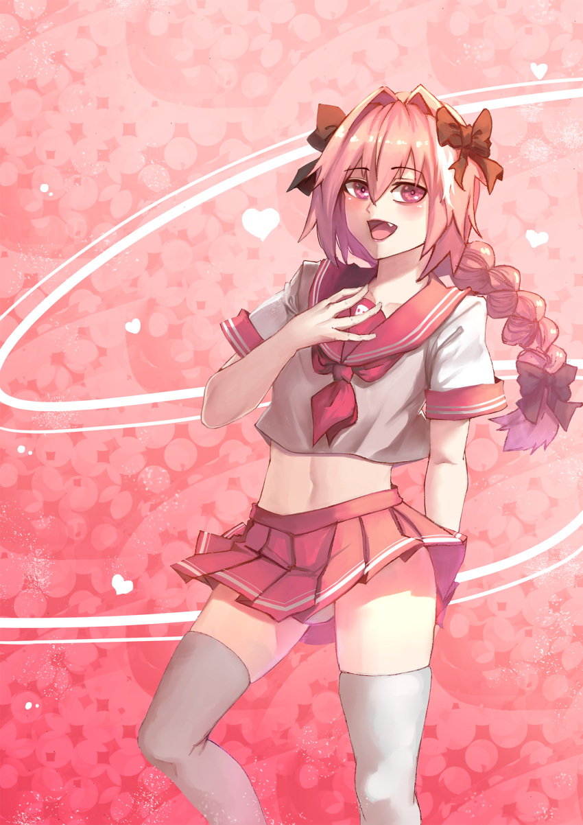 1boy :d arm_behind_back astolfo_(fate) bangs black_bow blush bow braid bulge changecolor collarbone commentary contrapposto crop_top eyebrows_visible_through_hair fang fate/apocrypha fate/grand_order fate_(series) hair_between_eyes hair_bow hair_intakes hand_on_own_chest hand_up heart highres knee_up lips long_hair looking_at_viewer male_focus miniskirt multicolored_hair navel neckerchief open_mouth panties pantyshot pantyshot_(standing) pink_background pink_hair pink_neckwear pink_sailor_collar pink_skirt pleated_skirt sailor_collar school_uniform serafuku shirt short_sleeves simple_background single_braid skindentation skirt sleeve_cuffs smile solo standing stomach streaked_hair thigh-highs trap two-tone_hair underwear upskirt violet_eyes white_hair white_legwear white_panties white_shirt