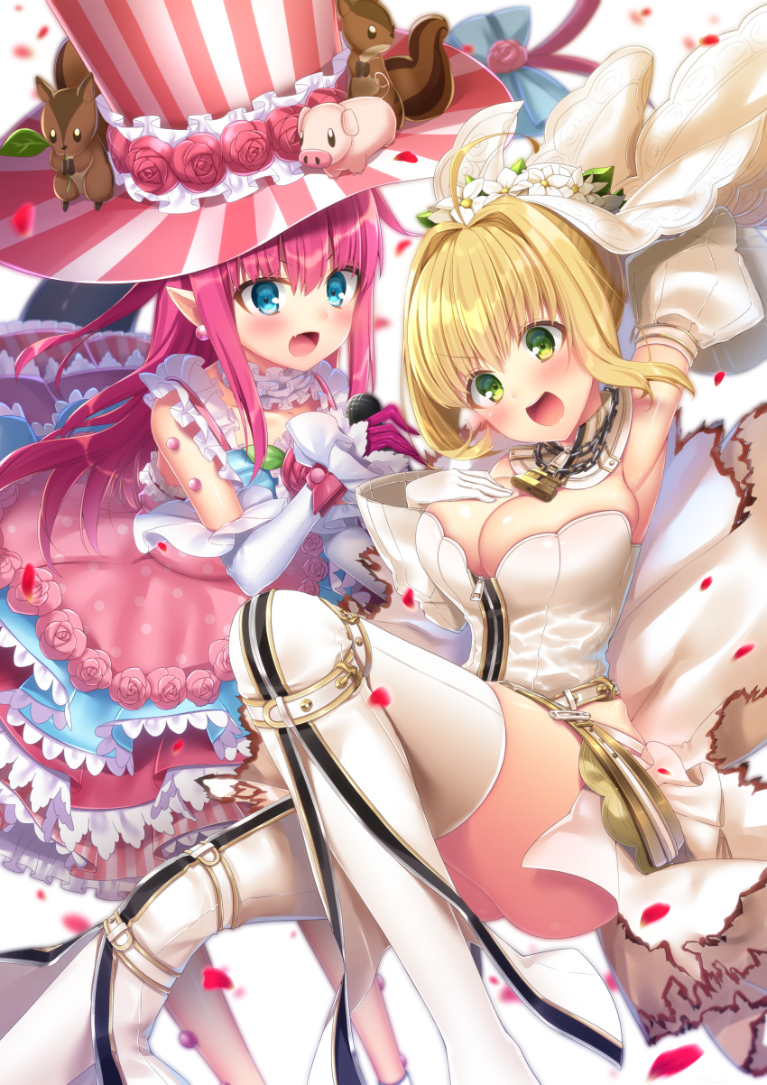 2girls :d absurdres ahoge bangs blonde_hair blue_eyes blurry blurry_background blush boots breasts chains cleavage collarbone commentary_request depth_of_field detached_collar detached_sleeves dragon_tail dress earrings elizabeth_bathory_(fate) elizabeth_bathory_(fate)_(all) eyebrows_visible_through_hair fang fate/extra fate/extra_ccc fate_(series) flower full-length_zipper gloves green_eyes hair_between_eyes hair_flower hair_intakes hair_ornament hat head_tilt highres holding holding_microphone jewelry jiiwara large_breasts leotard lock long_hair long_sleeves microphone multiple_girls nero_claudius_(bride)_(fate) nero_claudius_(fate)_(all) open_mouth padlock petals pig pointy_ears polka_dot polka_dot_dress puffy_short_sleeves puffy_sleeves short_sleeves sidelocks sleeveless sleeveless_dress sleeves_past_wrists smile squirrel strapless strapless_leotard striped_hat tail thigh-highs thigh_boots top_hat torn_clothes veil very_long_hair white_background white_collar white_dress white_footwear white_gloves white_legwear white_leotard zipper