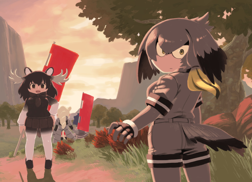 4girls :d :| animal_ears antlers arm_at_side armor backlighting bangs banner bell_(hellchan3) belt bird_tail black_gloves black_hair blonde_hair blue_hair bodystocking brown_eyes brown_hair closed_mouth clouds cloudy_sky collared_shirt crested_porcupine_(kemono_friends) drill_hair evening fingerless_gloves from_behind gloves grass green_eyes grey_hair grey_shirt grey_shorts hair_between_eyes hand_on_hip hand_up highres holding kemono_friends long_hair long_sleeves looking_at_viewer looking_back low_ponytail moose_(kemono_friends) moose_ears moose_tail multicolored_hair multiple_girls open_mouth outdoors outstretched_arm pantyhose rhinoceros_tail scarf shirt shoebill_(kemono_friends) shorts side_ponytail skirt sky smile standing sunset sweater tail tree two-tone_hair white_hair white_rhinoceros_(kemono_friends)