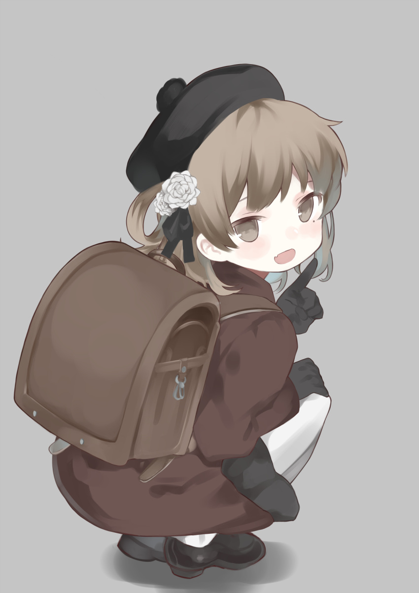 1girl :d backpack bag bangs beret black_footwear black_gloves black_hat black_ribbon black_skirt blush brown_eyes brown_hair brown_jacket commentary_request flower full_body gloves grey_background hair_flower hair_ornament hair_rings hasegawa_(rarairairai) hat hatoba_tsugu hatoba_tsugu_(character) highres jacket long_sleeves looking_at_viewer looking_to_the_side mole mole_under_eye open_mouth pantyhose ribbon shoes skirt smile solo squatting virtual_youtuber white_flower white_legwear