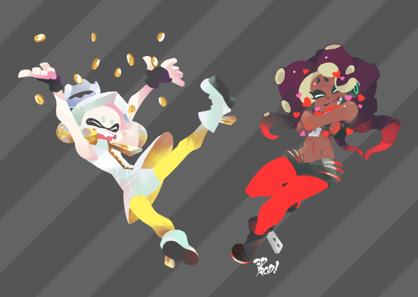 3d_rod! ankle_boots artist_name black_footwear black_gloves black_hair black_shirt blonde_hair boots closed_eyes closed_mouth coin commentary crop_top crown domino_mask dress english_commentary facing_viewer fangs fingerless_gloves gloves gold gradient_hair heart hime_(splatoon) hug iida_(splatoon) long_hair mask multicolored_hair navel_piercing octarian open_mouth pantyhose pantyhose_under_shorts piercing red_legwear redhead shirt short_hair shorts_under_dress signature sleeveless sleeveless_dress smile splatoon splatoon_2 standing tentacle_hair white_dress white_footwear white_hair yellow_legwear zipper_pull_tab