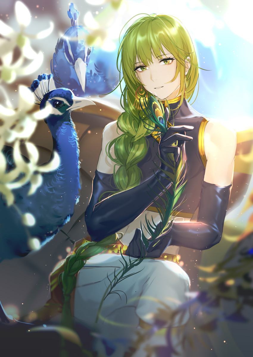 absurdres androgynous bangs bare_shoulders bird braid crop_top earrings elbow_gloves enkidu_(fate/strange_fake) eyebrows_visible_through_hair fate/grand_order fate/strange_fake fate_(series) feathers flower gloves green_eyes green_hair highres jewelry long_hair looking_at_viewer pants partially_opened_mouth peacock peacock_feathers rrr_(reason) single_braid sitting very_long_hair white_pants