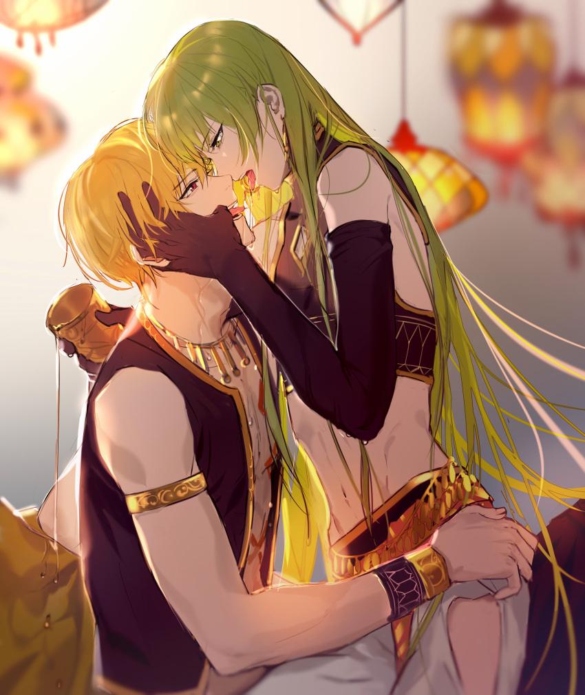 1boy absurdres androgynous armlet bangs bare_shoulders blonde_hair bodypaint earrings elbow_gloves enkidu_(fate/strange_fake) eyebrows_visible_through_hair fate/grand_order fate/strange_fake fate_(series) gilgamesh gloves green_eyes green_hair hand_on_another's_cheek hand_on_another's_face hand_on_another's_waist highres jewelry lamp long_hair looking_at_another navel necklace open_mouth pouring red_eyes rrr_(reason) saliva saliva_trail short_hair tongue tongue_out very_long_hair