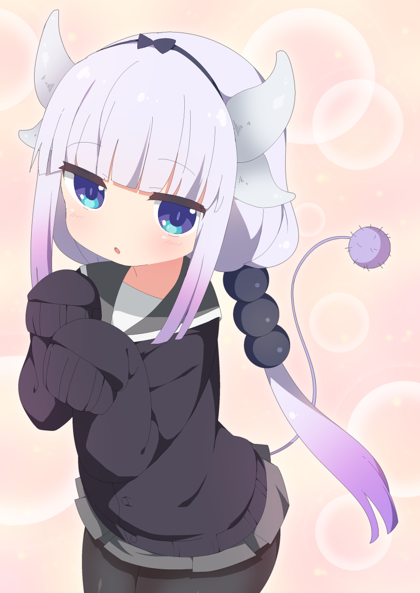 1girl absurdres blue_eyes hair_ribbon highres horns kanna_kamui kobayashi-san_chi_no_maidragon long_sleeves looking_at_viewer multicolored_hair ribbon tail tomo_(ryo_i_so_) two-tone_hair