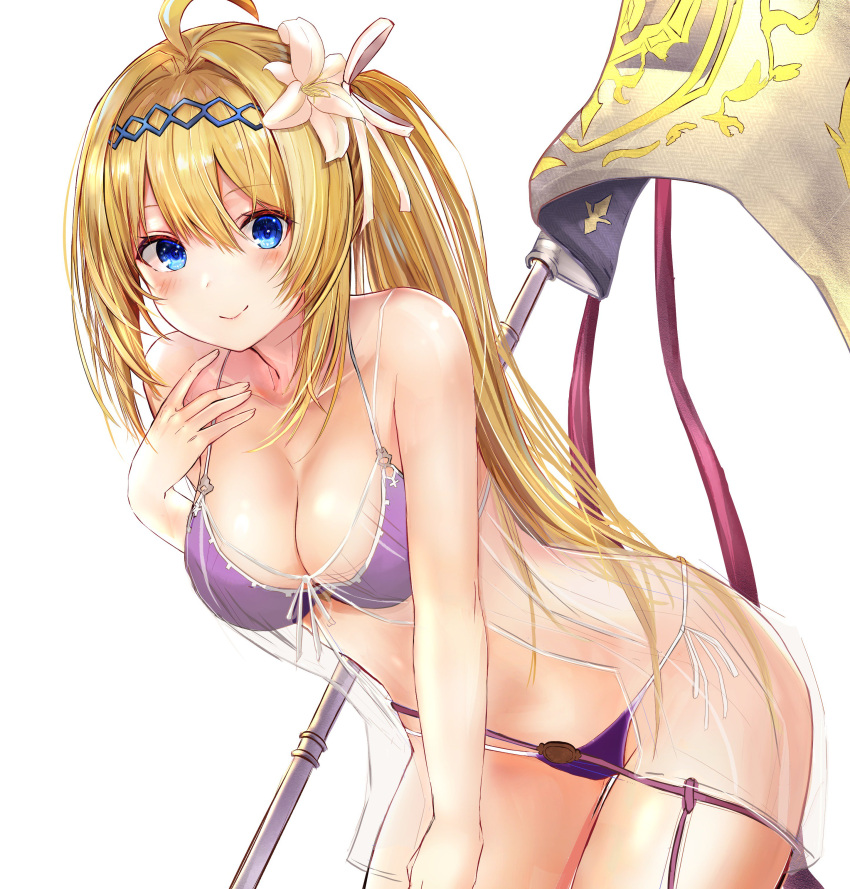 1girl absurdres ahoge bare_shoulders bent_over bikini blonde_hair blue_eyes blush breasts cleavage flag flower granblue_fantasy hair_flower hair_ornament hands_on_own_chest highres jeanne_d'arc_(granblue_fantasy) looking_at_viewer ria_(riarea00) side-tie_bikini side_ponytail simple_background smile solo swimsuit white_background