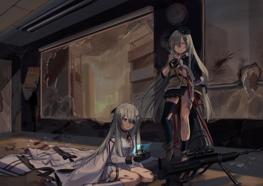 2girls absurdres bandage_over_one_eye blood blue_legwear blue_skirt boots broken_glass broken_window cigarette city clock commentary_request dragunov_svd fingerless_gloves full_body girls_frontline glass gloves gun hair_ornament hairclip hat highres holding indoors injury iws-2000_(girls_frontline) long_hair multiple_girls pleated_skirt rain red_eyes rifle shan silver_hair sitting skirt smoking sniper_rifle standing thigh-highs very_long_hair wariza weapon white_coat white_skirt yellow_eyes