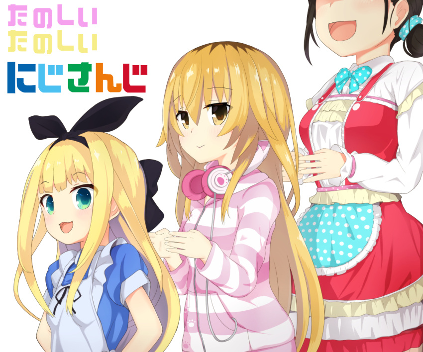 3girls akiiro black_bow blonde_hair blush bow breasts brown_hair closed_mouth eyebrows_visible_through_hair hair_bow hairband headphones headphones_around_neck ienaga_mugi large_breasts long_hair long_sleeves looking_at_viewer mononobe_alice multicolored_hair multiple_girls nijisanji open_mouth short_hair short_sleeves small_breasts smile suzuka_utako virtual_youtuber