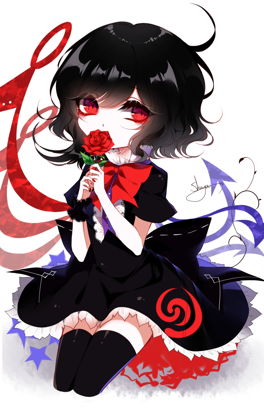 1girl absurdres artist_name asymmetrical_wings black_dress black_hair black_legwear bow chibi covered_mouth cropped_legs dress eyebrows_visible_through_hair flower highres holding holding_flower houjuu_nue looking_at_viewer neck_bow petticoat red_bow red_eyes red_flower red_neckwear red_rose rose sheya short_hair short_sleeves signature simple_background solo star thigh-highs touhou white_background wings wrist_cuffs zettai_ryouiki