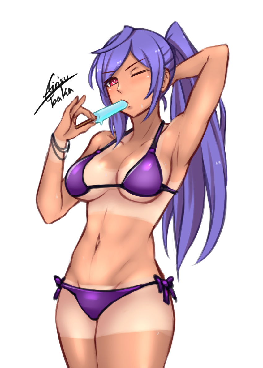 1girl absurdres airisubaka bikini breasts cleavage food highres ice_cream iris_heart kami_jigen_game_neptune_v large_breasts long_hair looking_at_viewer navel neptune_(series) one_eye_closed ponytail purple_hair red_eyes signature solo swimsuit symbol-shaped_pupils tan tanline