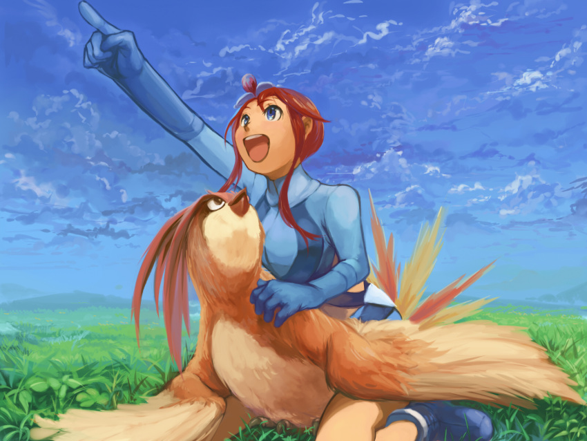 1girl :d bird blue blue_eyes blue_footwear blue_gloves blue_shirt blue_shorts blue_sky clouds cloudy_sky clover commentary commentary_request creature fuuro_(pokemon) gen_1_pokemon geregere_(lantern) gloves grass gym_leader highres long_hair long_sleeves looking_up open_mouth outdoors pidgeotto pointing pointing_up pokemon pokemon_(creature) pokemon_trainer redhead shirt shoes short_shorts shorts sky smile