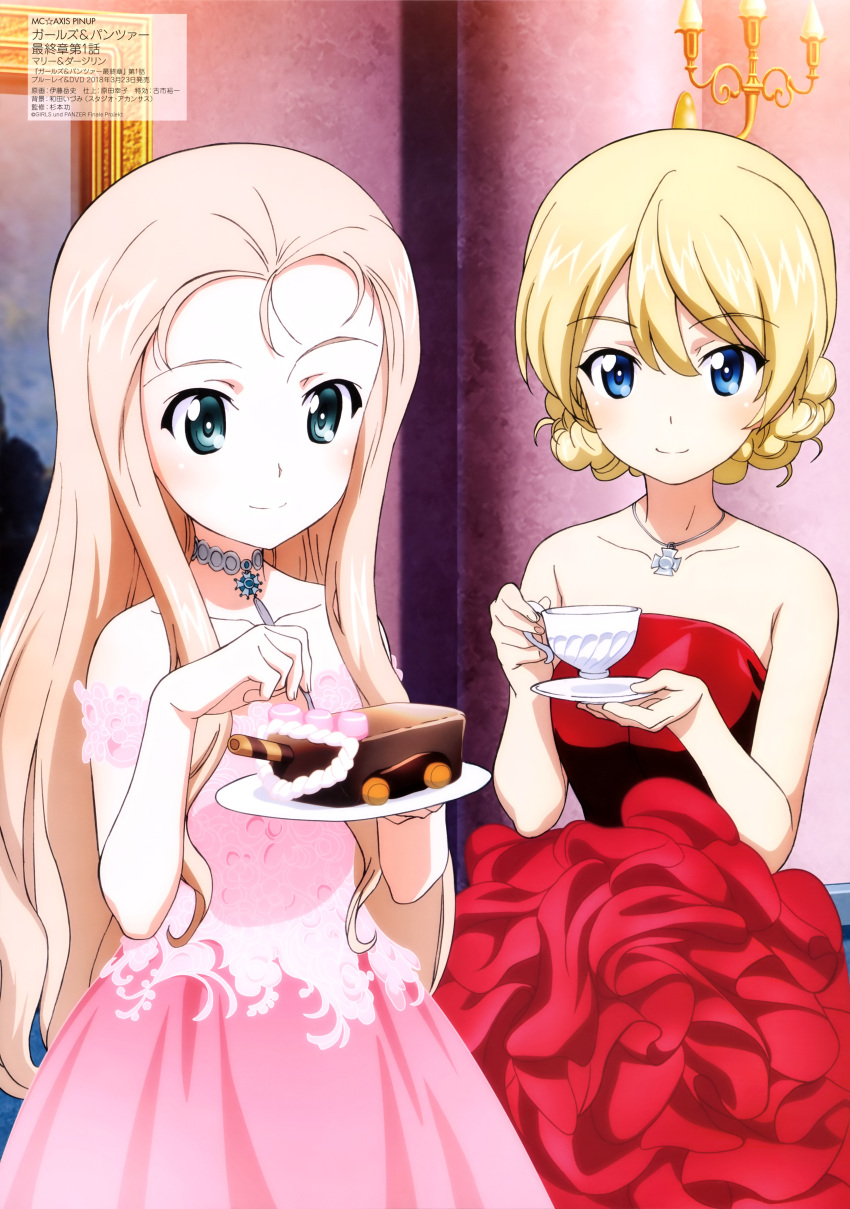 2girls absurdres aqua_eyes blue_eyes blush braid cake choker collarbone cup darjeeling dress food french_braid girls_und_panzer hair_between_eyes highres itou_takeshi jewelry long_hair looking_at_viewer marie_(girls_und_panzer) multiple_girls necklace official_art painting_(object) pendant picture_frame pink_dress red_dress saucer scan shiny shiny_hair short_hair sidelocks smile strapless strapless_dress tea teacup