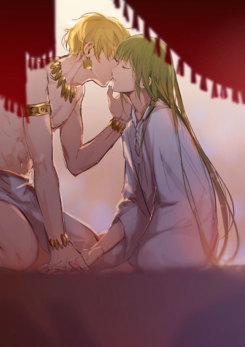 1boy abs absurdres androgynous armlet bangs blonde_hair bracelet caress closed_eyes curtains earrings enkidu_(fate/strange_fake) eyebrows_visible_through_hair fate/grand_order fate/strange_fake fate_(series) gilgamesh green_hair hand_holding hand_on_another's_face highres interlocked_fingers jewelry kiss long_hair long_sleeves navel necklace robe rrr_(reason) seiza short_hair sitting white_robe