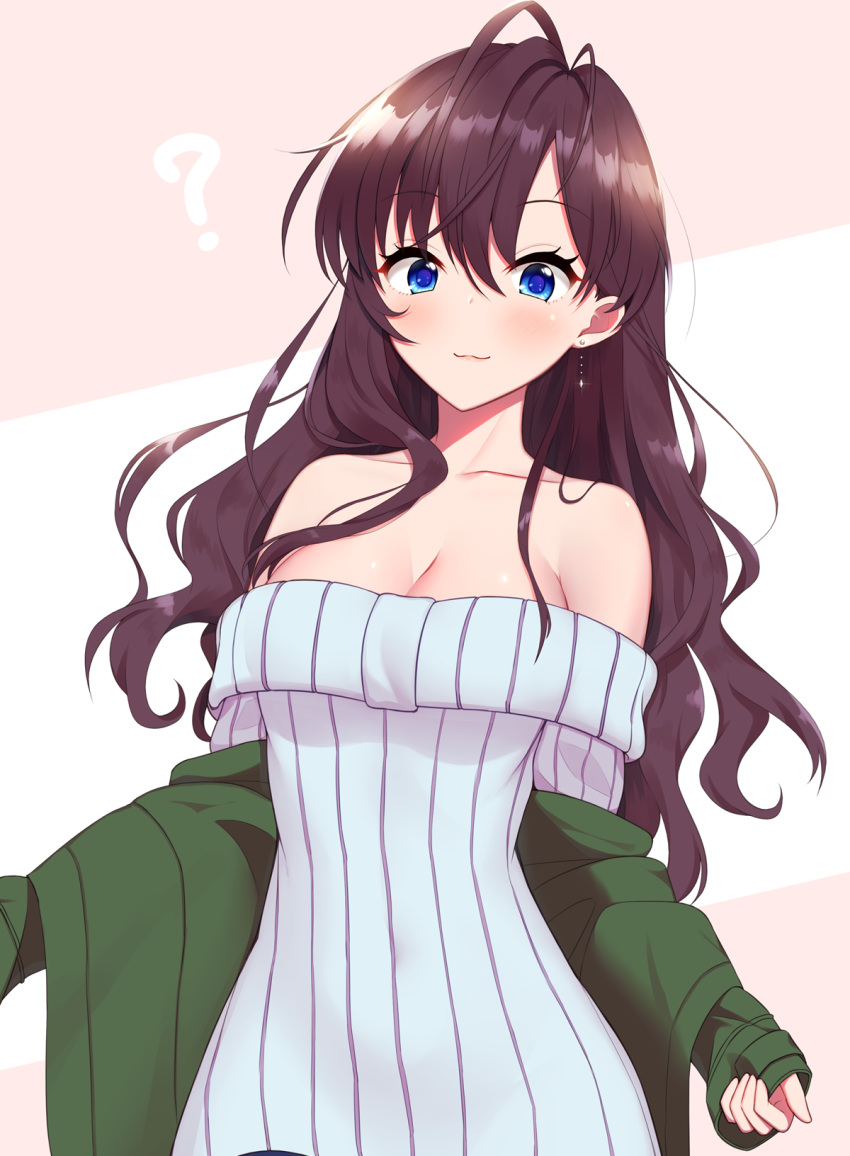 1girl :3 ? ahoge bangs bare_shoulders blue_eyes blush breasts brown_hair cleavage collarbone earrings eyebrows_visible_through_hair green_jacket hair_between_eyes highres ichinose_shiki idolmaster idolmaster_cinderella_girls jacket jewelry kuroshiro_(ms-2420) large_breasts long_hair looking_at_viewer navel off-shoulder_sweater off_shoulder open_clothes open_jacket ribbed_sweater simple_background smile solo sweater waist wavy_hair white_sweater