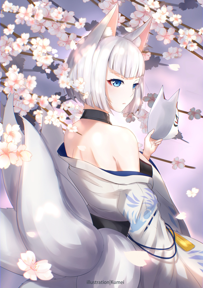 1girl absurdres animal_ears artist_name azur_lane bangs bare_shoulders blue_eyes blunt_bangs breasts cherry_blossoms flower fox_ears fox_mask fox_tail highres holding holding_mask japanese_clothes kaga_(azur_lane) kumei looking_back mask mask_removed medium_breasts multiple_tails nape obi off_shoulder parted_lips sash short_hair shoulder_blades solo tail tassel white_hair wide_sleeves
