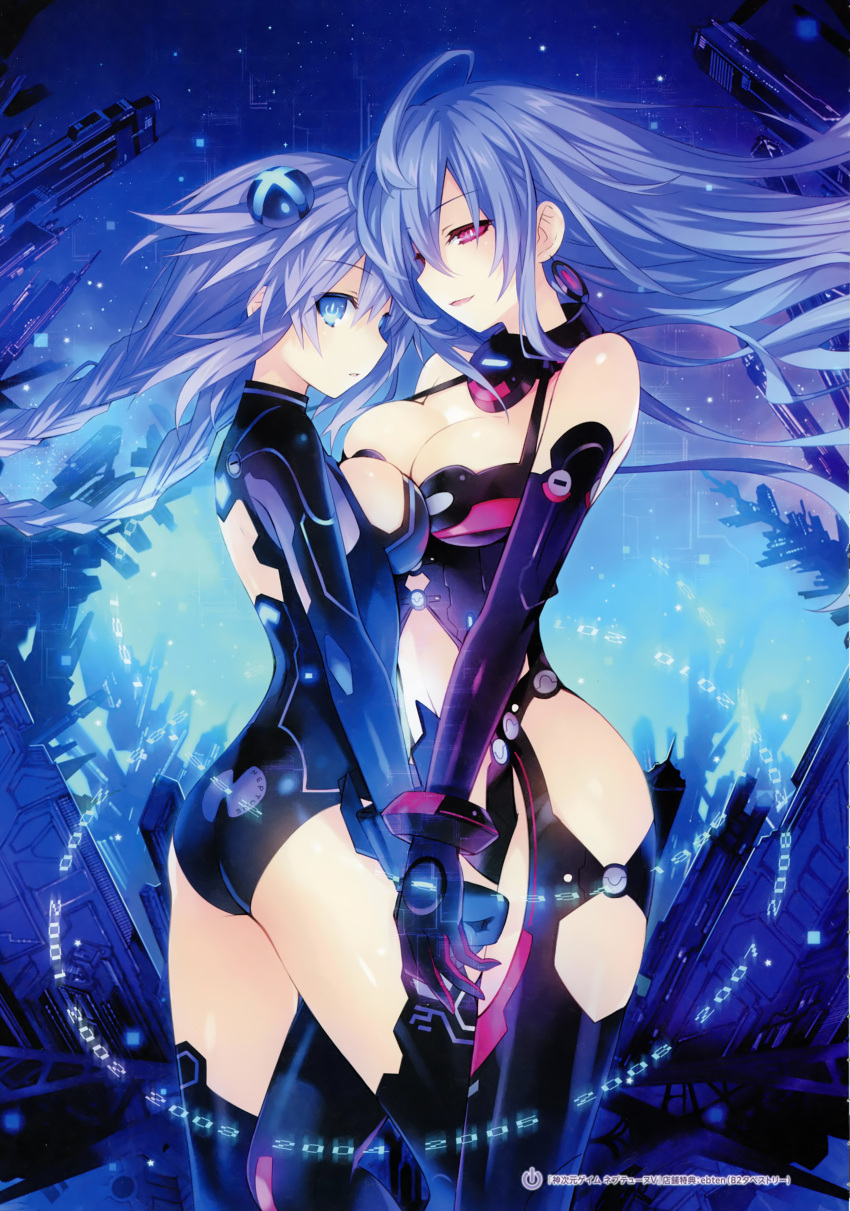 2girls absurdres bangs braid breasts cleavage elbow_gloves eyebrows_visible_through_hair full_body gloves highres iris_heart leotard long_hair looking_at_viewer medium_breasts multiple_girls neptune_(series) purple_heart scan simple_background smile thigh-highs tsunako twin_braids twintails