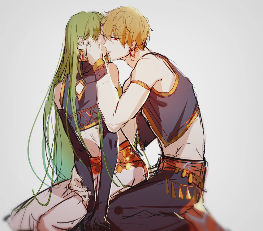 armlet blonde_hair closed_eyes earrings elbow_gloves enkidu_(fate/strange_fake) eyebrows_visible_through_hair fate/grand_order fate/strange_fake fate_(series) gilgamesh gloves green_hair grey_background hand_on_another's_face highres imminent_kiss jewelry leaning_on_person long_hair looking_at_viewer midriff navel partially_opened_mouth red_eyes rrr_(reason) seiza short_hair simple_background sitting sketch sleeveless very_long_hair