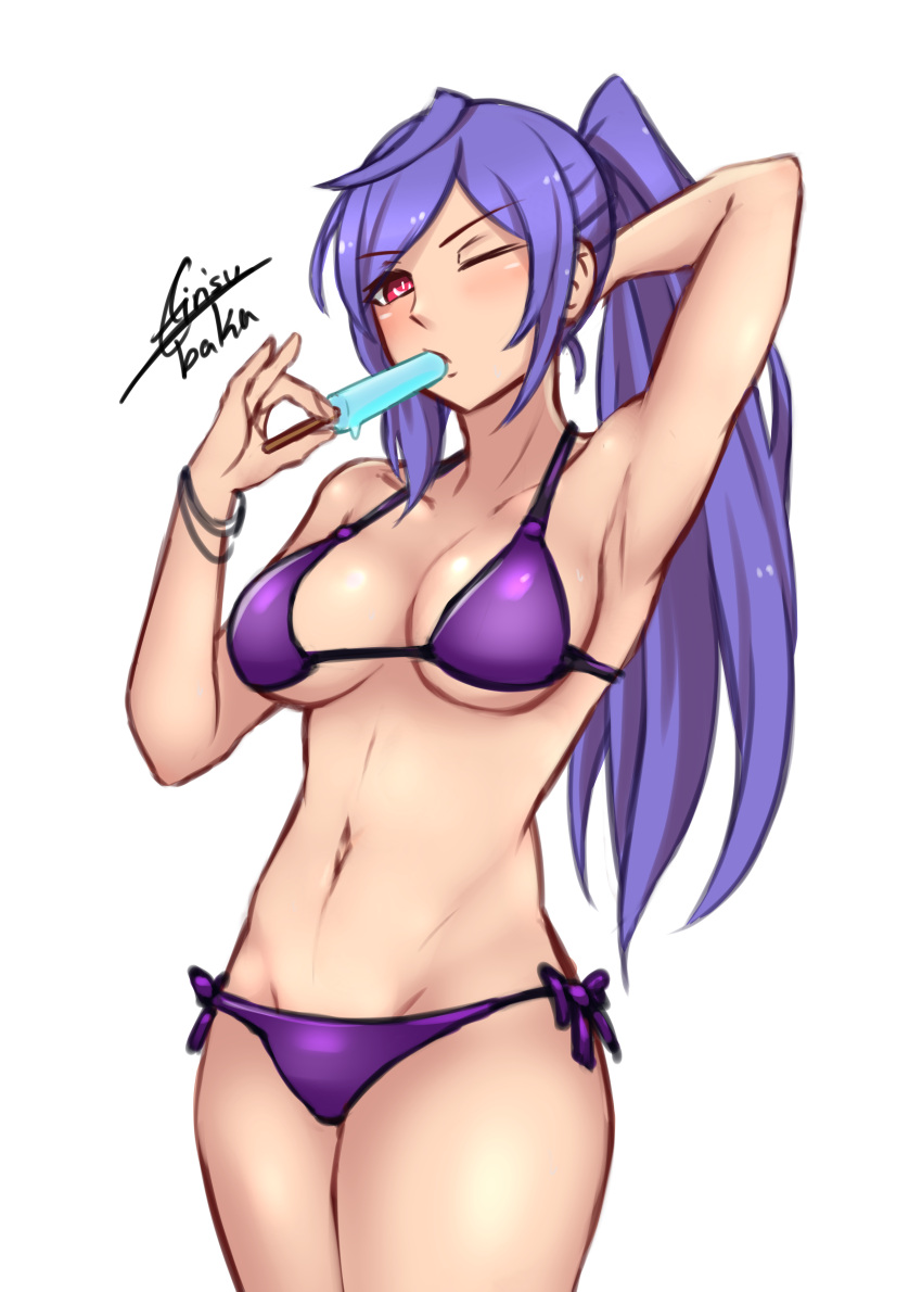 1girl absurdres airisubaka bikini breasts cleavage food highres ice_cream iris_heart kami_jigen_game_neptune_v large_breasts long_hair looking_at_viewer navel neptune_(series) one_eye_closed ponytail purple_hair red_eyes signature solo swimsuit symbol-shaped_pupils