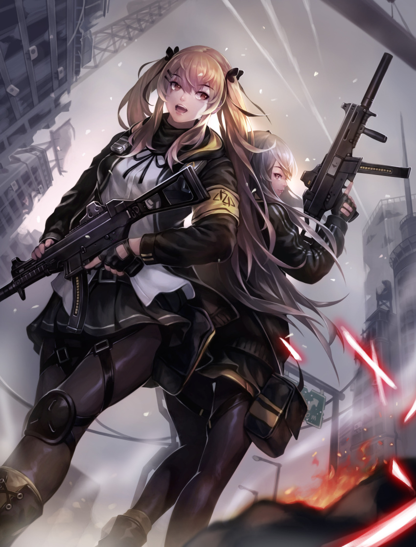 2girls 404_logo_(girls_frontline) absurdres ankle_boots armband back-to-back bangs black_gloves black_jacket black_legwear blush boots bow brown_eyes brown_hair cityscape closed_mouth clouds cloudy_sky eyebrows_visible_through_hair fingerless_gloves fire floating_hair from_below girls_frontline gloves gun h&amp;k_ump h&amp;k_ump45 h&amp;k_ump9 hair_between_eyes hair_bow hair_ornament hair_ribbon hairclip heckler_&amp;_koch highres holding holding_gun holding_weapon hood hooded_jacket jacket knee_pads lamppost light_particles long_hair looking_at_viewer magazine_(weapon) multiple_girls one_side_up open_mouth pantyhose pleated_skirt pouch rad ribbon ruins scar scar_across_eye scarf shirt sidelocks sign skirt sky smile submachine_gun suppressor thigh_strap trigger_discipline twintails ump45_(girls_frontline) ump9_(girls_frontline) walkie-talkie weapon white_shirt yellow_eyes