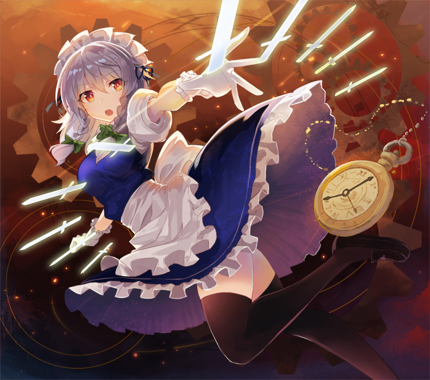 1girl :o apron black_footwear black_legwear blue_dress bow braid breasts commentary_request dress eyebrows_visible_through_hair frilled_apron frills gears gloves green_bow hair_between_eyes hair_bow izayoi_sakuya knife maid_apron maid_headdress medium_breasts open_mouth petticoat pocket_watch puffy_short_sleeves puffy_sleeves red_eyes rin_falcon shoes short_hair short_sleeves silver_hair solo thigh-highs touhou twin_braids waist_apron watch white_apron white_gloves