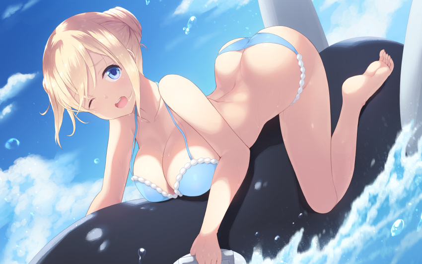1girl ;d ass bangs bare_arms bare_legs bare_shoulders barefoot bikini blend_s blonde_hair blue_bikini blue_eyes blue_sky blush breasts cait cleavage clouds collarbone commentary_request day dutch_angle eyebrows_visible_through_hair hair_bun hair_up highres hinata_kaho holding inflatable_toy large_breasts looking_at_viewer one_eye_closed open_mouth outdoors sidelocks sky smile soles solo swimsuit upper_teeth water