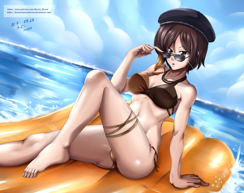 1girl absurdres ass beret bikini blue_sky breasts brown_bikini brown_eyes brown_hair coco_adel collarbone commentary dated dutch_angle gradient_hair hair_between_eyes hat highres horizon inflatable_raft jewelry knee_up looking_at_viewer medium_breasts multicolored_hair navel necklace ocean open_mouth outdoors rwby shiny shiny_hair shiny_skin short_hair side-tie_bikini sitting sky smile solo sunglasses swimsuit teeth vilde_loh_hocen water watermark