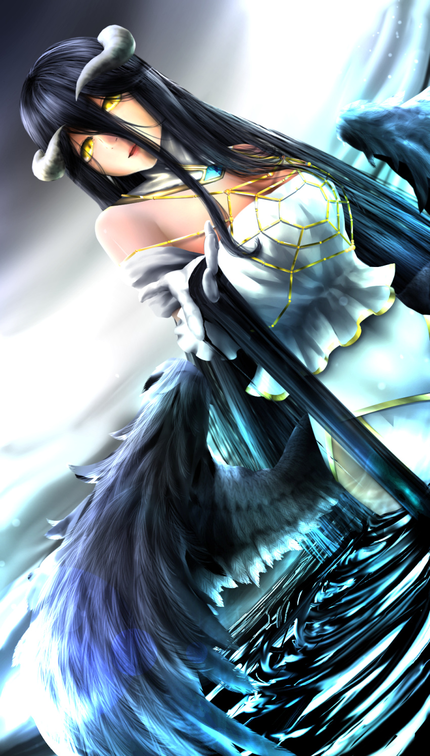 albedo bare_shoulders black_hair black_wings breasts cleavage demon_girl demon_horns demon_wings detached_collar dress feathered_wings feathers gloves hair_between_eyes hakuran_(lucifero) highres hip_vent horns jewelry liquid low_wings necklace overlord_(maruyama) slit_pupils white_dress white_gloves wings yellow_eyes