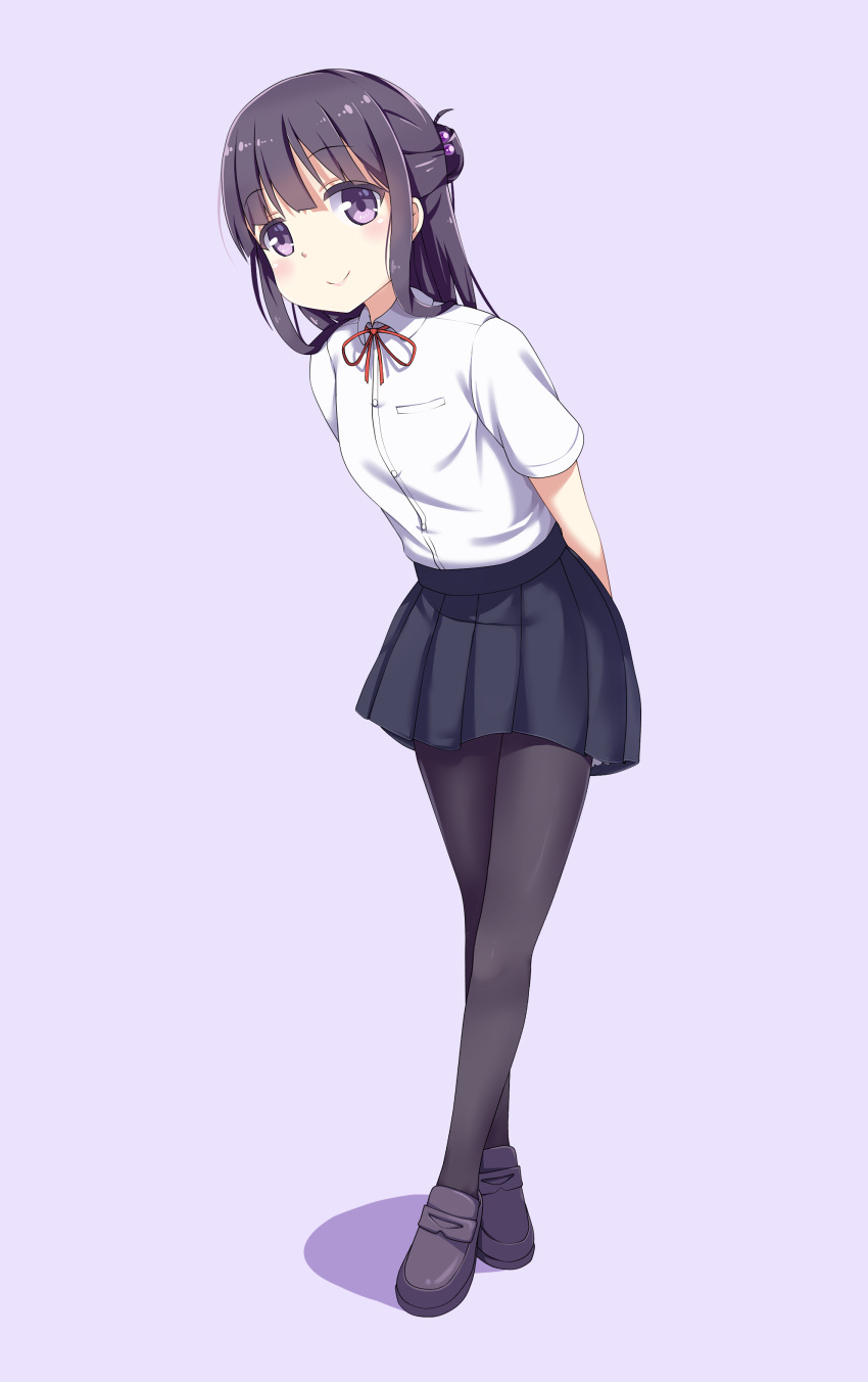 1girl absurdres arms_behind_back black_footwear black_hair black_legwear black_skirt full_body hair_bobbles hair_ornament highres leaning_forward long_hair looking_at_viewer original pantyhose purple_background sidelocks skirt standing too-ye uniform violet_eyes