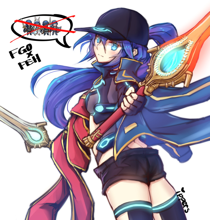 1girl animal_ears artoria_pendragon_(all) baseball_cap black_shorts blue_hair blue_jacket blue_scarf bunnysuit chibi cosplay crossover dual_wielding falchion_(fire_emblem) fate/grand_order fate_(series) fire_emblem fire_emblem_heroes hat ippers jacket long_hair lucina marth_(fire_emblem:_kakusei) mysterious_heroine_x polearm rabbit_ears rojiura_satsuki:_chapter_heroine_sanctuary saber_(cosplay) scarf shorts spear track_jacket weapon