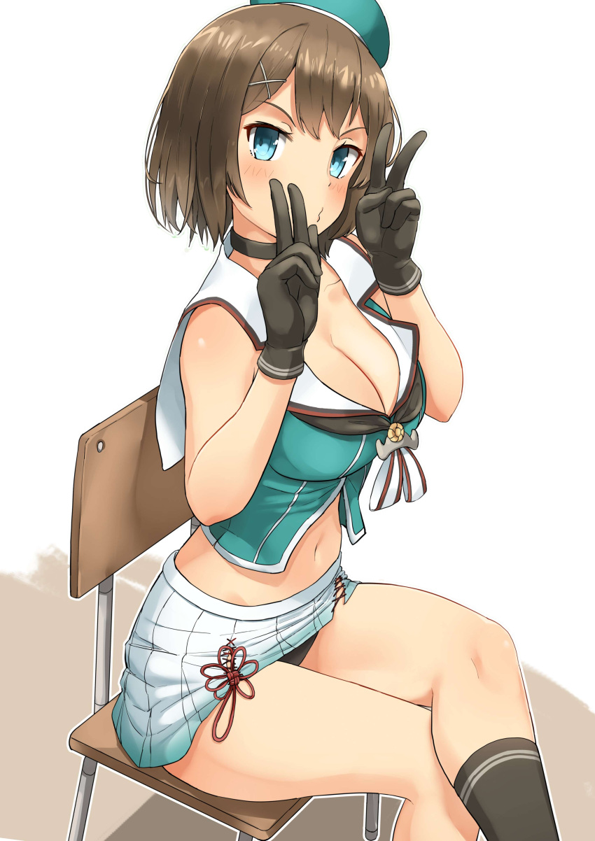 1girl absurdres aqua_eyes beret black_gloves black_panties breasts brown_hair cleavage collarbone double_v gloves hair_ornament hat highres kantai_collection large_breasts maya_(kantai_collection) miniskirt panties pantyshot pantyshot_(sitting) pleated_skirt remodel_(kantai_collection) revision short_hair simple_background sitting skirt sleeveless solo soushou_nin underwear v white_background white_skirt x_hair_ornament