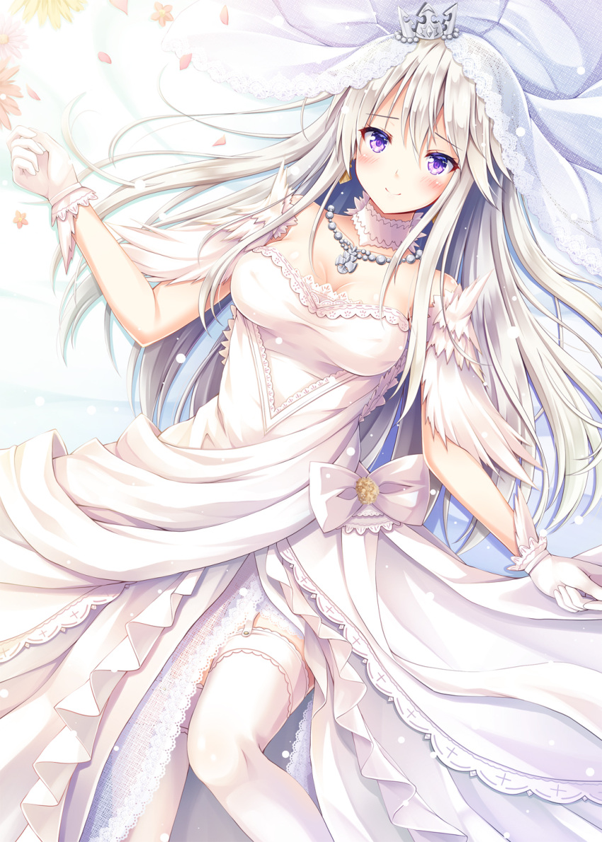 1girl akashio_(loli_ace) azur_lane blush breasts bridal_veil collarbone commentary_request crown dress enterprise_(azur_lane) eyebrows_visible_through_hair garter_straps gloves highres jewelry long_hair looking_at_viewer lying medium_breasts necklace on_back petals smile solo thigh-highs veil violet_eyes wedding_dress white_dress white_gloves white_hair white_legwear