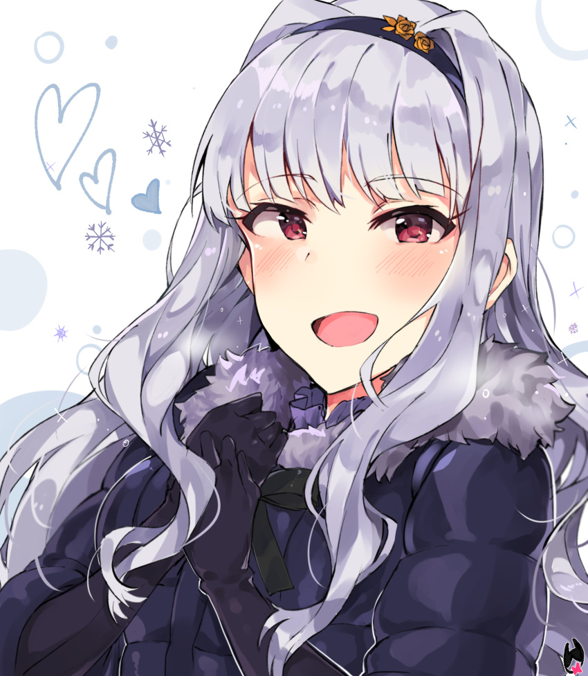 1girl :d black_gloves blush coat gloves hairband heart highres idolmaster idolmaster_million_live! idolmaster_million_live!_theater_days long_hair looking_at_viewer open_mouth shijou_takane silver_hair smile solo tuxedo_de_cat violet_eyes winter_clothes winter_coat