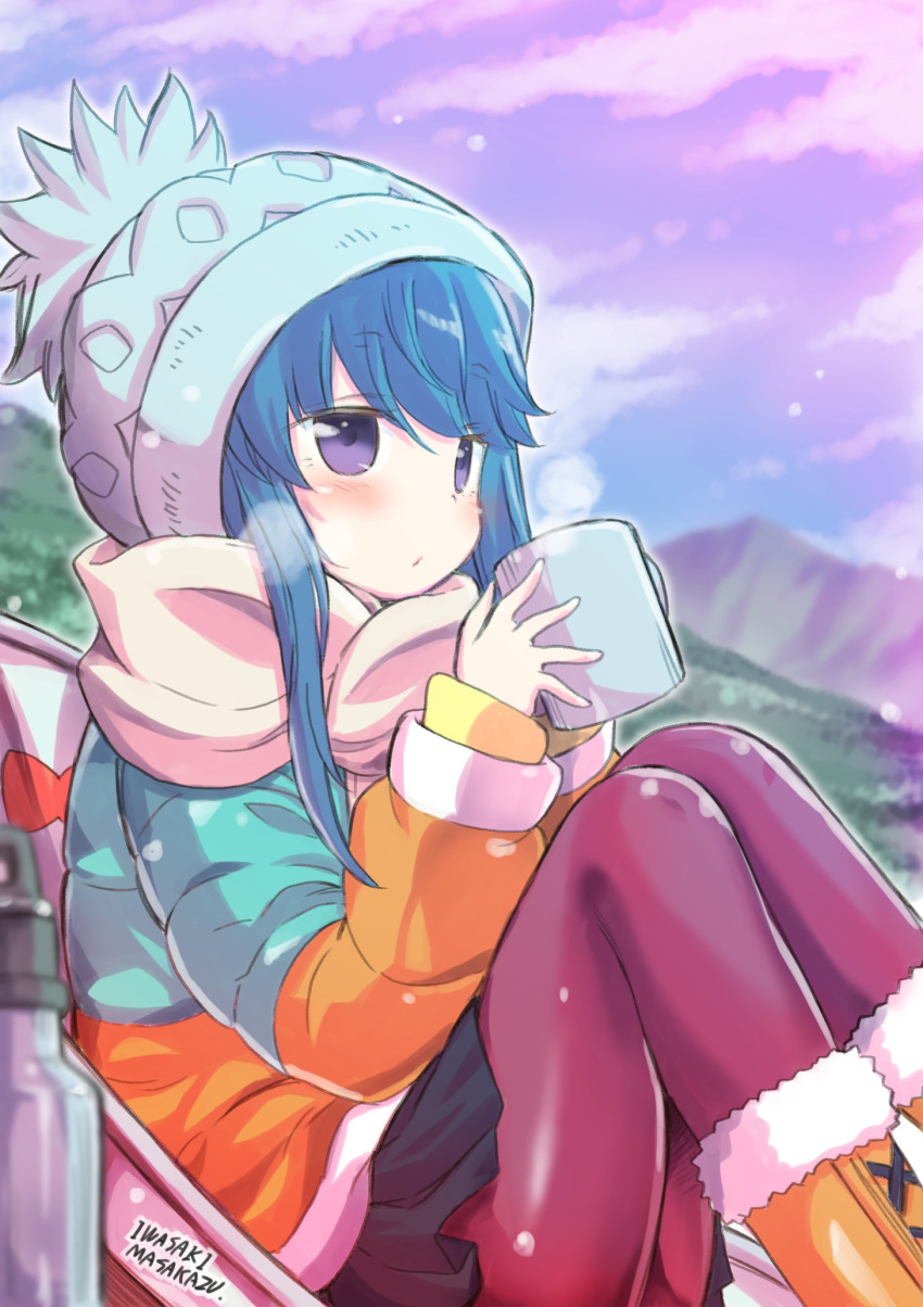 1girl blue_hair boots breath brown_footwear chair cup eyebrows_visible_through_hair hair_between_eyes hat highres iwasaki_masakazu jacket long_hair outdoors pantyhose scarf shima_rin sitting skirt solo violet_eyes yurucamp