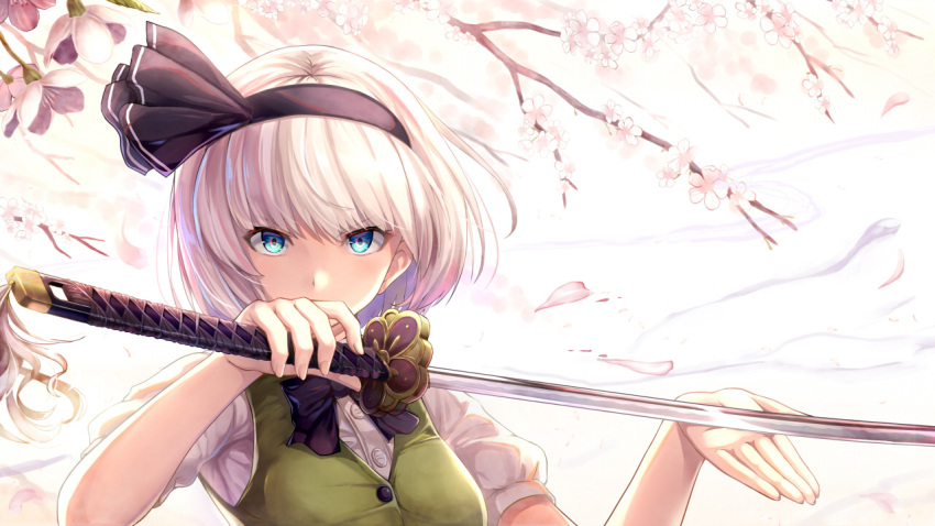 1girl black_bow black_hairband black_neckwear black_ribbon blue_eyes bow breasts cherry_blossoms commentary_request green_vest hair_ribbon hairband hand_up holding holding_sword holding_weapon katana konpaku_youmu looking_at_viewer medium_breasts neck_bow noe_noel petals puffy_short_sleeves puffy_sleeves ribbon short_hair short_sleeves silver_hair solo sword touhou upper_body vest weapon