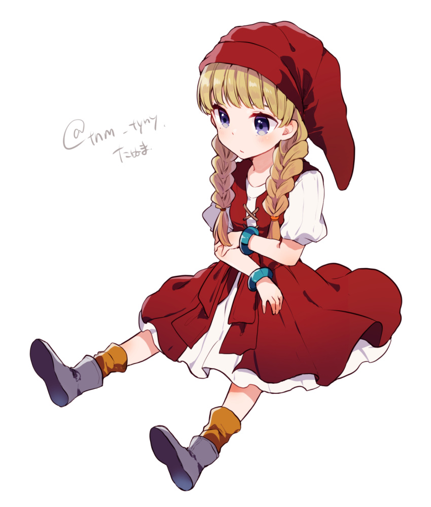 1girl bangle bangs blonde_hair blush boots bracelet braid closed_mouth dragon_quest dragon_quest_xi dress full_body grey_footwear hat highres ikeuchi_tanuma jewelry long_hair low_twintails orange_legwear puffy_short_sleeves puffy_sleeves red_dress red_hat shirt short_sleeves simple_background sitting sleeveless sleeveless_dress socks solo translation_request twin_braids twintails twitter_username veronica_(dq11) violet_eyes white_background white_shirt