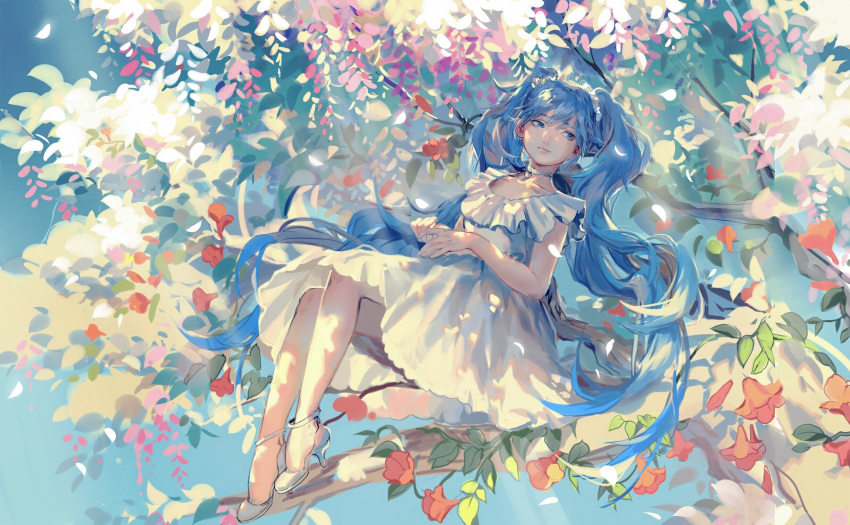 1girl bangs blue_eyes blue_hair branch choker collarbone dress frills full_body hands_together hatsune_miku high_heels highres leaf long_hair looking_to_the_side rrr_(reason) sitting sleeveless solo tree twintails very_long_hair vocaloid white_dress white_footwear white_neckwear