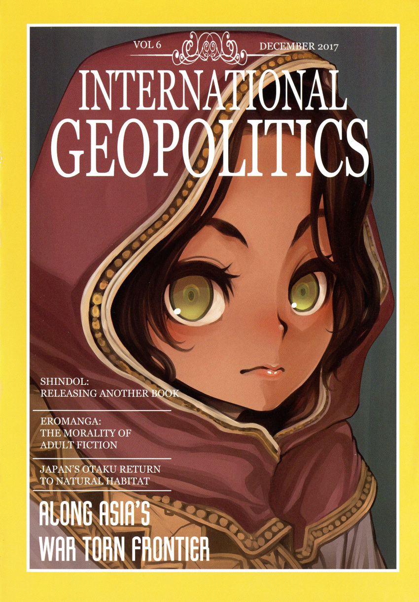 1girl absurdres afghan_girl artist_name black_hair border closed_mouth cover dark_skin dated english expressionless fake_cover forehead green_background green_eyes highres lips looking_at_viewer magazine_cover national_geographic parody real_life scan shindou_l solo upper_body veil yellow_border