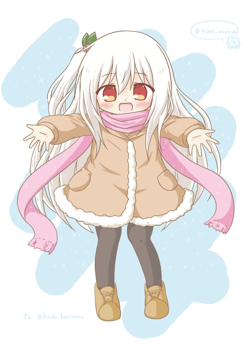 1girl :d bangs black_legwear blush borrowed_character brown_coat brown_footwear coat commentary_request eyebrows_visible_through_hair full_body fur-trimmed_coat fur_trim hair_between_eyes hair_ornament highres leaf long_hair long_sleeves one_side_up open_mouth original outstretched_arms pantyhose pink_scarf pocket red_eyes rinechun scarf shoes sidelocks smile solo standing twitter_username very_long_hair white_hair