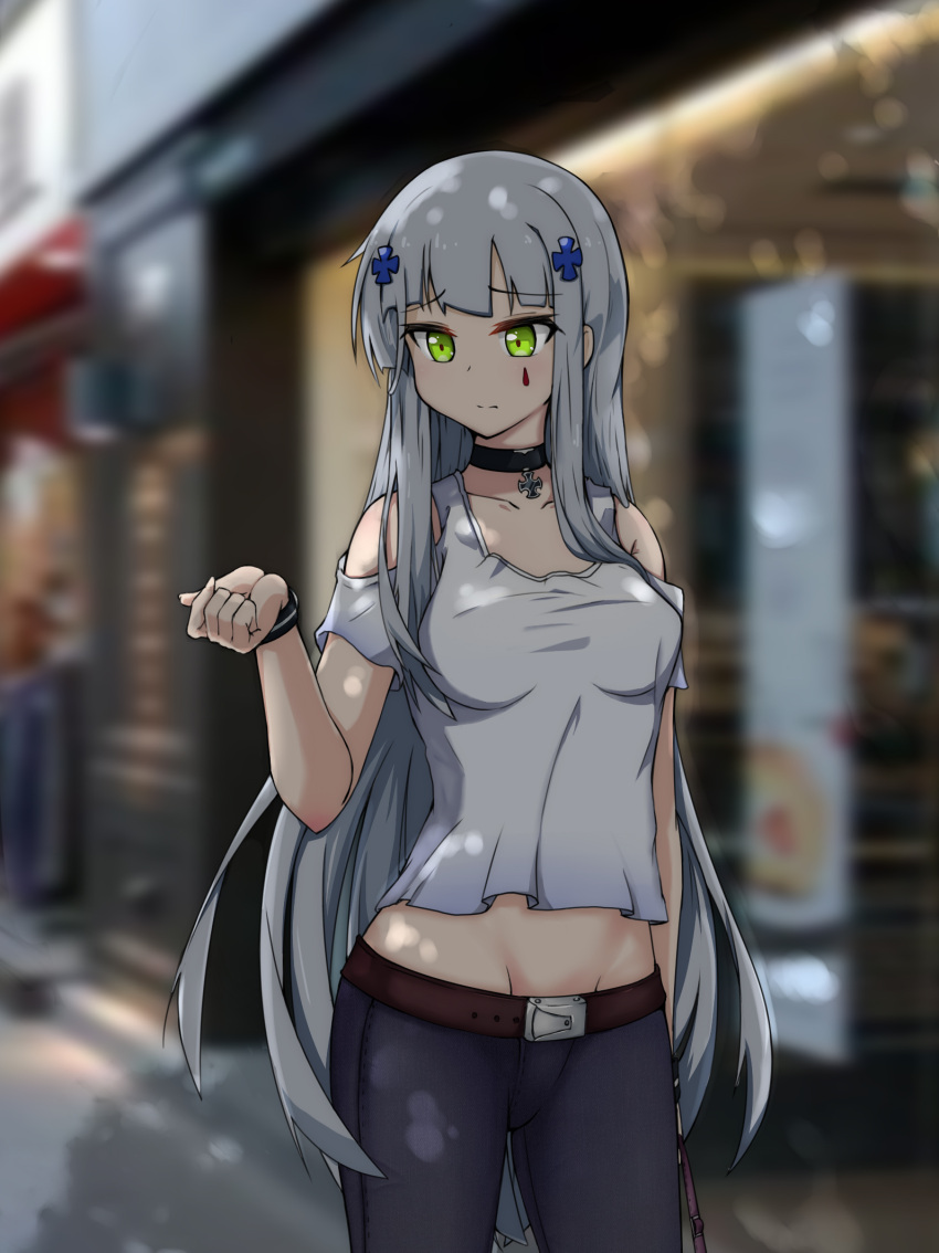 1girl arm_at_side bangs belt blunt_bangs blush breasts buckle casual cityscape closed_mouth collarbone cross_choker denim eyebrows_visible_through_hair facepaint girls_frontline green_eyes groin hair_ornament hand_up highres hk416_(girls_frontline) iron_cross jeans kaiven long_hair looking_at_watch medium_breasts midriff pants shirt short_sleeves shoulder_cutout sidelocks silver_hair solo strap teardrop very_long_hair watch white_shirt