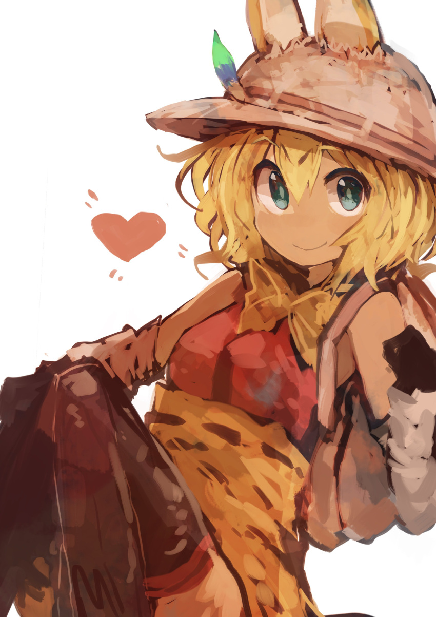 1girl absurdres animal_ears bag blonde_hair closed_mouth commentary detached_sleeves ears_through_headwear fake_animal_ears fusion green_eyes hat hat_feather heart highres kaamin_(mariarose753) kaban_(kemono_friends) kemono_friends knees_up serval_(kemono_friends) serval_ears serval_print short_hair simple_background smile solo thigh-highs torn_clothes torn_hat white_background