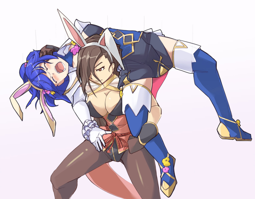2girls animal_ears blue_hair blush breasts bunny_girl bunny_tail bunnysuit closed_eyes detached_collar fake_animal_ears fire_emblem fire_emblem:_mystery_of_the_emblem fire_emblem_heroes fire_emblem_if jaegan jewelry kagerou_(fire_emblem_if) katua leotard long_hair multiple_girls open_mouth ponytail rabbit_ears smile strapless strapless_leotard submission_hold tail wrestling
