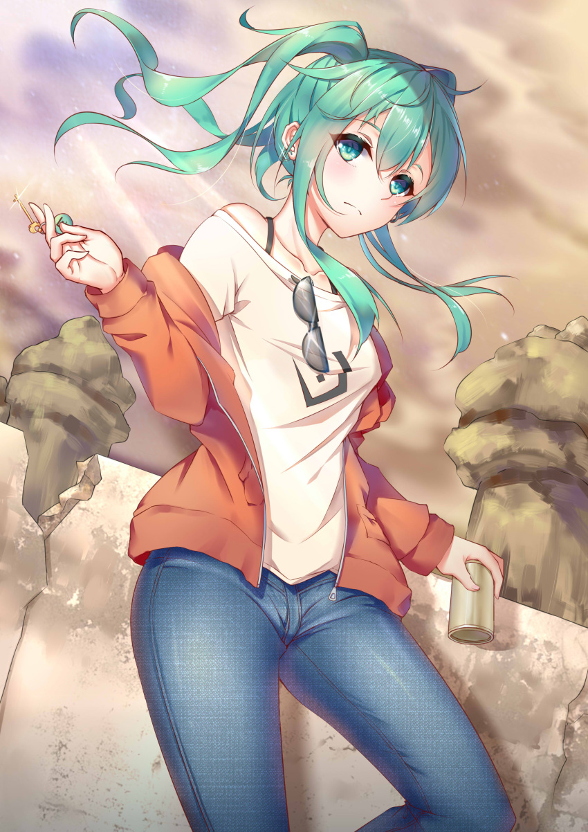 1girl absurdres bangs bare_shoulders blue_pants blush broken_wall can closed_mouth collarbone commentary_request cracked_wall denim dutch_angle eyebrows_visible_through_hair eyewear_on_shirt green_eyes green_hair hair_between_eyes hatsune_miku highres holding holding_can hood hoodie jeans key long_hair long_sleeves looking_at_viewer off-shoulder_shirt open_clothes open_hoodie orange_hoodie outdoors pants shirt sidelocks solo standing standing_on_one_leg stone_wall sunglasses twintails vocaloid wall white_shirt yiyu_qing_mang