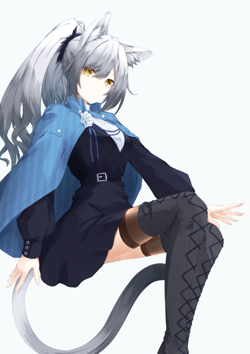 1girl alternate_costume animal_ear_fluff animal_ears arknights black_footwear black_shirt blue_cape boots brooch cape cat_ears cat_girl cat_tail feet_out_of_frame flower grey_hair highres invisible_chair jewelry long_hair long_sleeves looking_at_viewer ponytail schwarz_(arknights) shirt simple_background sitting solo tail thigh-highs thigh_boots undershirt white_background white_flower white_shirt yellow_eyes yuki-san_(wdtm_yuki)