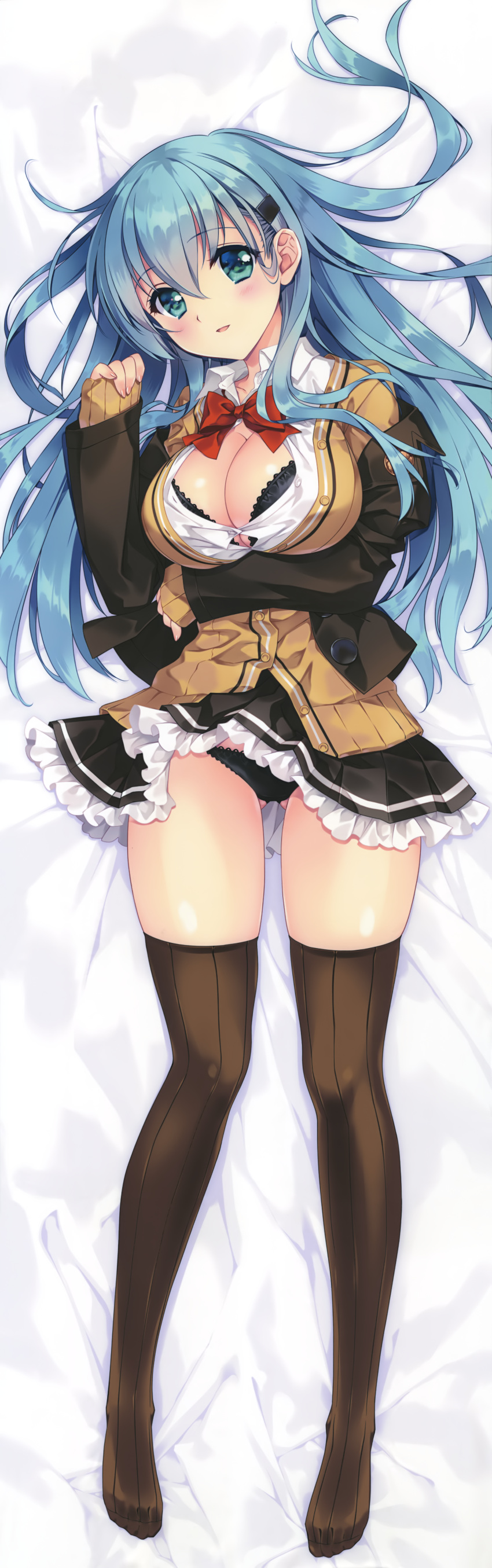 1girl absurdres bangs bed_sheet black_bra black_panties blazer blue_hair blush bow bowtie bra breast_hold breasts brown_jacket brown_legwear brown_skirt brown_sweater buttons cardigan carnelian cleavage collarbone dakimakura eyebrows_visible_through_hair frilled_skirt frills from_above full_body gluteal_fold green_eyes hair_between_eyes hair_ornament hairclip hand_up head_tilt highres huge_filesize jacket kantai_collection large_breasts long_hair long_sleeves looking_at_viewer lying no_shoes on_back open_clothes open_jacket open_shirt panties parted_lips partially_unbuttoned pleated_skirt red_bow red_neckwear remodel_(kantai_collection) scan school_uniform shiny shiny_hair shiny_skin shirt skindentation skirt skirt_lift sleeves_past_wrists smile solo striped striped_legwear suzuya_(kantai_collection) thigh-highs underwear vertical-striped_legwear vertical_stripes white_shirt wing_collar