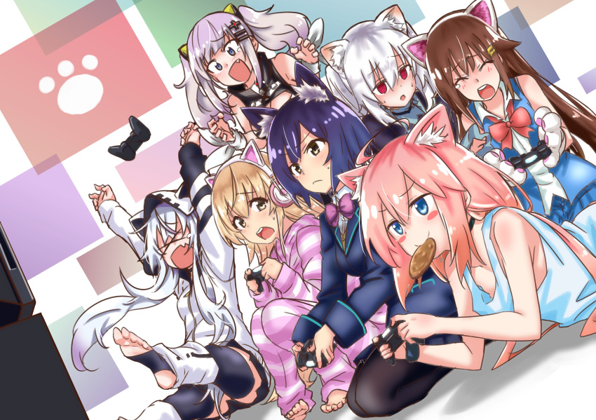 &gt;_&lt; 6+girls absurdres al_bhed_eyes animal_ears animal_hood arms_up azuma_lim azuma_lim_channel bangs bare_shoulders barefoot black_dress black_legwear black_skirt blazer blonde_hair blue_blazer blue_eyes blue_hair blue_skirt blue_vest blush blush_stickers breasts brown_eyes brown_hair cat_ear_headphones cat_ears cat_hood cleavage cleavage_cutout closed_eyes closed_mouth collared_shirt commentary_request controller crossover dress dutch_angle eyebrows_visible_through_hair fang food_in_mouth game_controller gloves hair_between_eyes hair_ornament hairclip headphones highres hinata_channel holding hood hood_up ienaga_mugi jacket kaguya_luna kaguya_luna_(character) long_hair long_sleeves low_twintails medium_breasts mouth_hold multiple_crossover multiple_girls nekomiya_hinata nijisanji no_shoes nora_cat nora_cat_channel nose_blush open_mouth pajamas pants pantyhose paw_gloves paws pink_hair pleated_skirt red_eyes school_uniform seiza shirt shizuka_rin silver_hair sitting skirt sleeveless sleeveless_dress sleeveless_shirt sleeves_past_wrists stirrup_legwear striped striped_pajamas striped_pants striped_shirt sweat taiyama_aki tank_top tears thigh-highs tokino_sora tokino_sora_channel twintails upper_teeth very_long_hair vest virtual_youtuber white_hoodie white_shirt white_tank_top